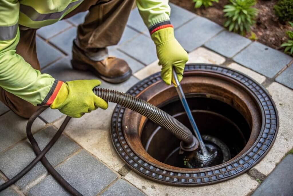 technician unclogging drain with snake plunger 857340 11791 technician unclogging drain with snake plunger 857340 11791